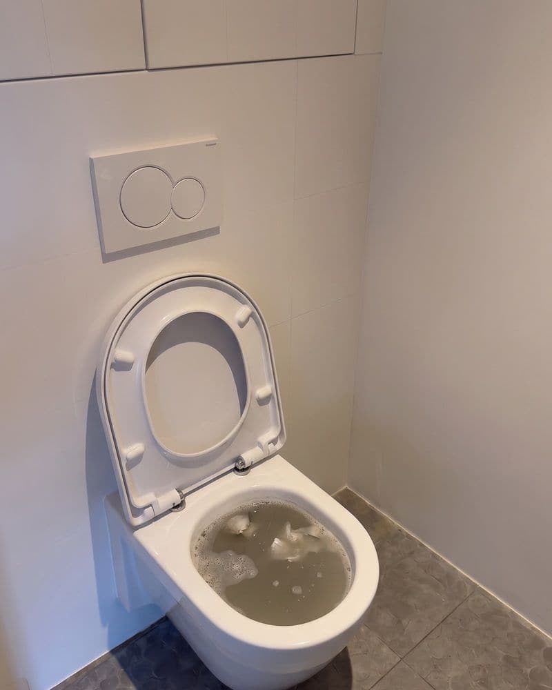 Verstopte wc, de pot vol vuil water, voor de interventie.