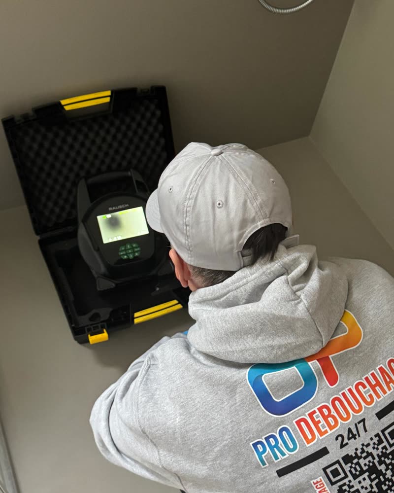 Scherm van de inspectiecamera en technieker in Pro Débouchage kledij.
