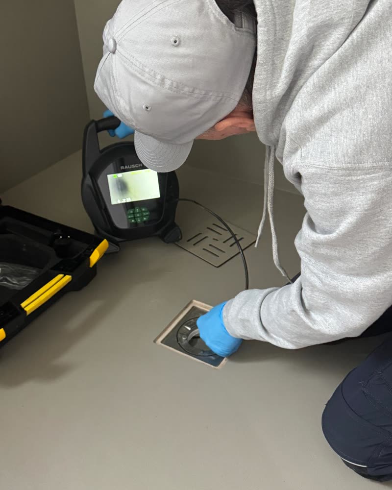 Inspectie van een vloerput met een rioolcamera.