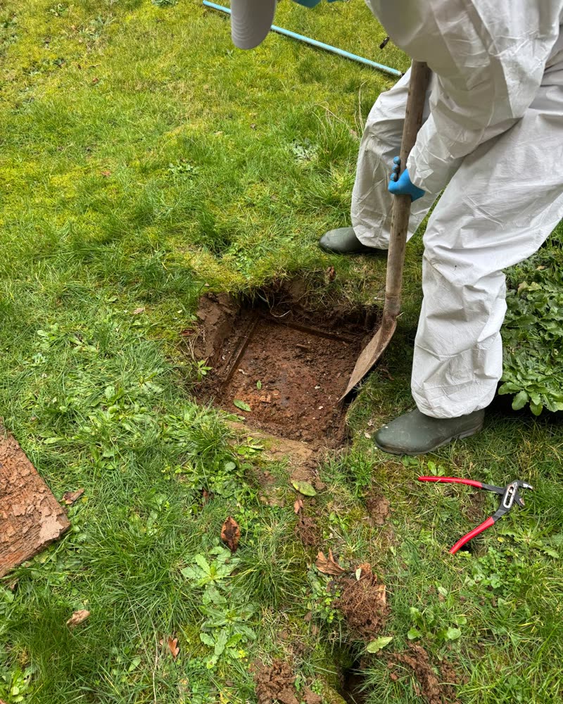 Het openleggen van een ingegraven toezichtsput in een tuin.