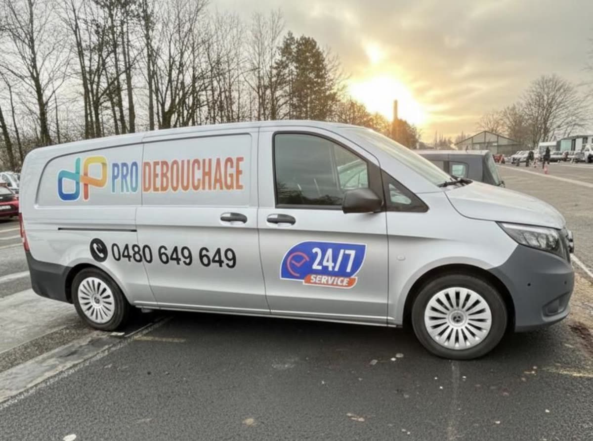De bestelwagen van Pro Débouchage bij zonsopgang, met het nummer 0480 649 649 op de zijkant.